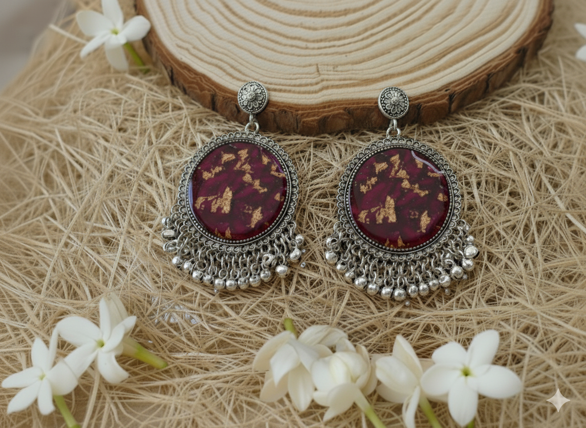 Rose Petals Oxidized Resin Jhumka Earrings