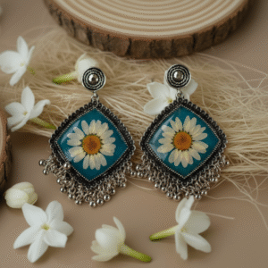 Blue Daisy Pressed Flower Resin Earrings